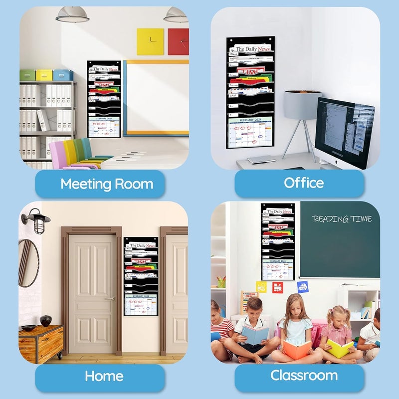 ALSLEA 8 Pockets Hanging Wall File Organizer for Legal/ Letter/ A4 Size Paper, Over the Door Organizer, Black Pocket Chart for Classroom, Office, Home Use with 12 Name Tags, 5 Hooks and Clear Calendar Pocket - Image 5